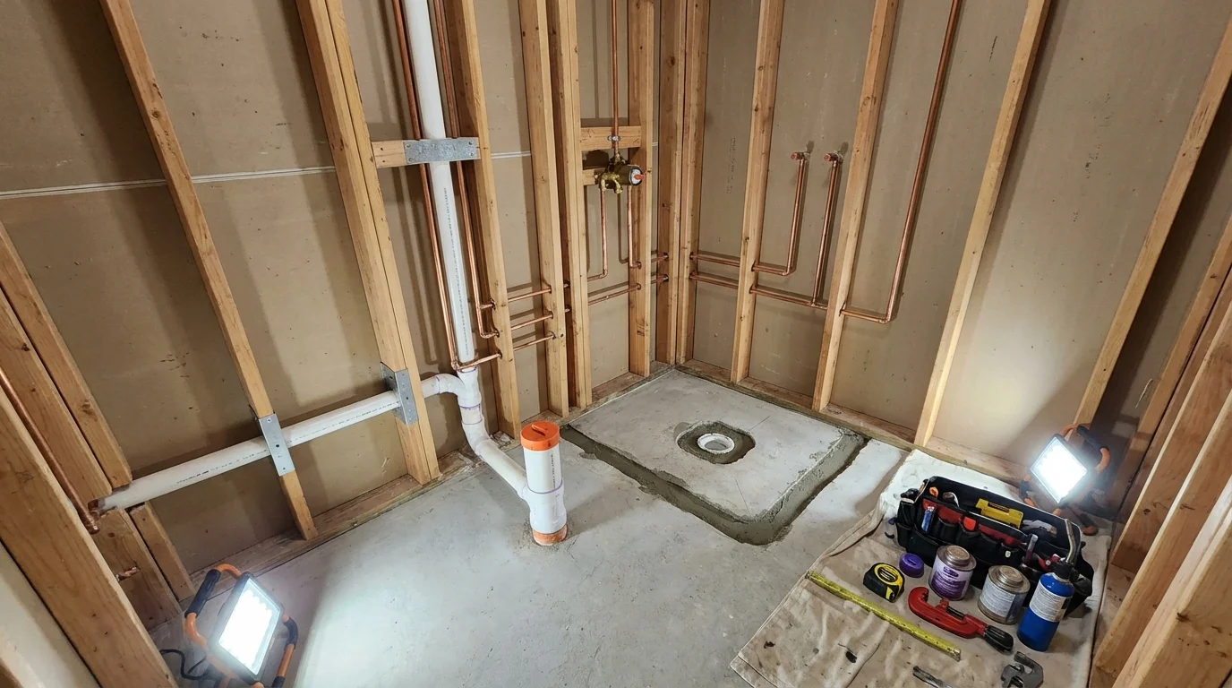 Bathroom rough-in plumbing during remodel by Johns Plumbing LLC in Palos Heights