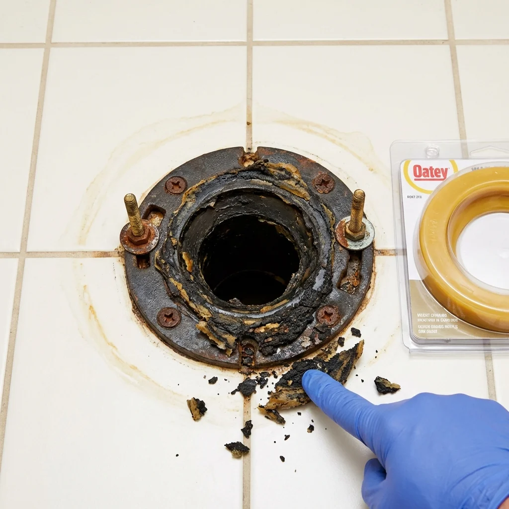 Failed wax ring showing water seepage at the base of a toilet in a Palos Heights, IL home